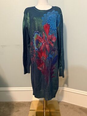 Desigual Teal Floral Knit Sweater Dress